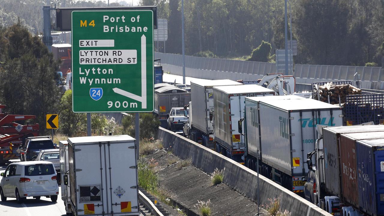 Traffic chaos as Port of Brisbane Motorway shut down by protesters on Monday morning. Picture: NCA NewsWire/Tertius Pickard