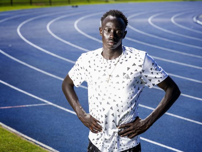 Gout Gout at QSAC after his record sprints at the 2024 Australian All Schools Athletics Championships. Picture: Richard Walker