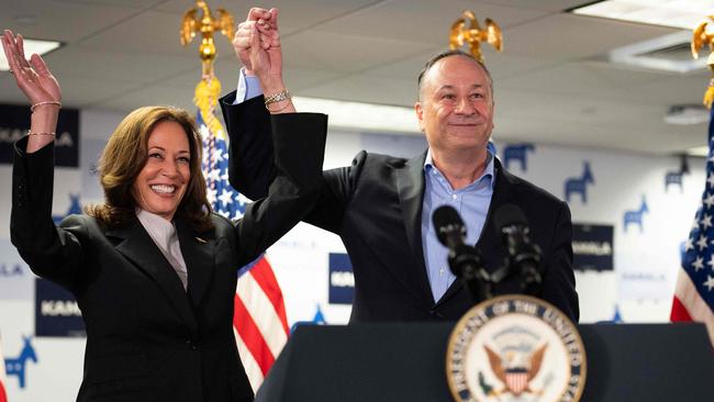 Kamala Harris and Second Gentleman Doug Emhoff at her campaign headquarters in Wilmington, Delaware. Picture: AFP.