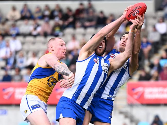 Tristan Xerri flies against the Eagles. Picture: Steve Bell/Getty Images