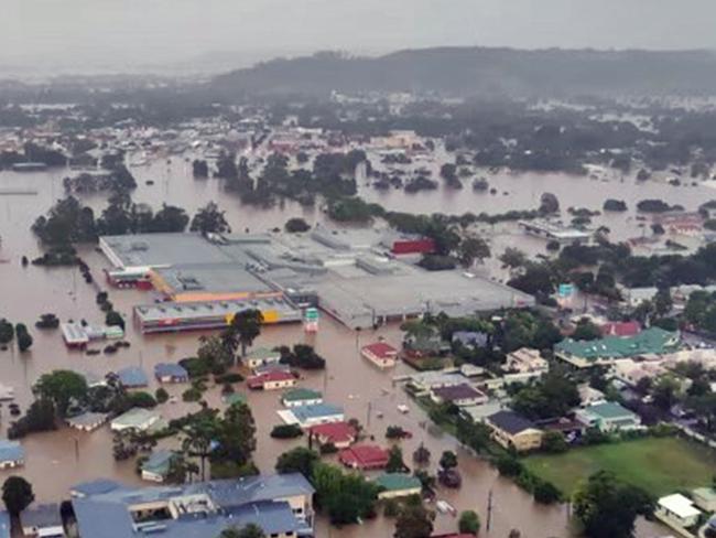 LISMORE, AUSTRALIA - NewsWire Photos FEBRUARY 28, 2022: An aerial image of Lismore in northern NSW shows extensive flooding as the region experiences the worst floods in a century. Picture: NCA NewsWire