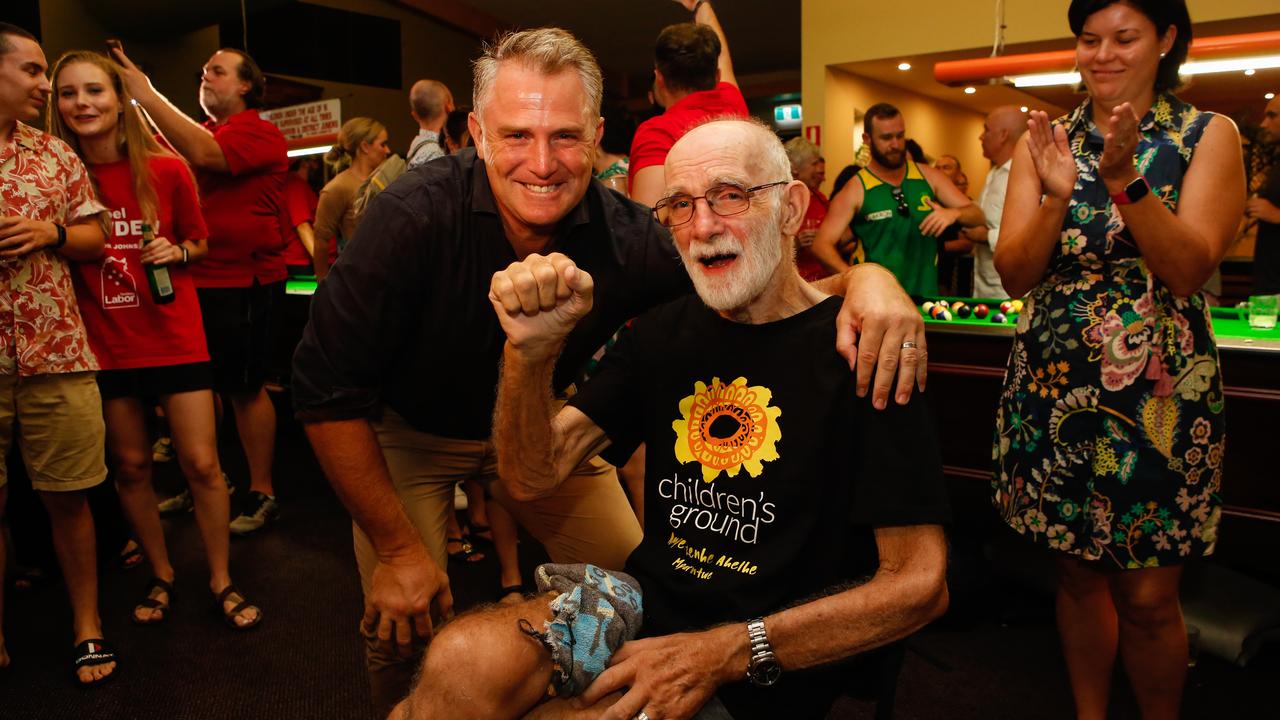 Bowden with his father Michael after winning the seat of Johnston. Picture: Glenn Campbell