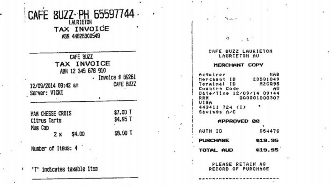 A receipt tendered during evidence from Mr and Mrs Spedding. Picture: NSW Coroners Court