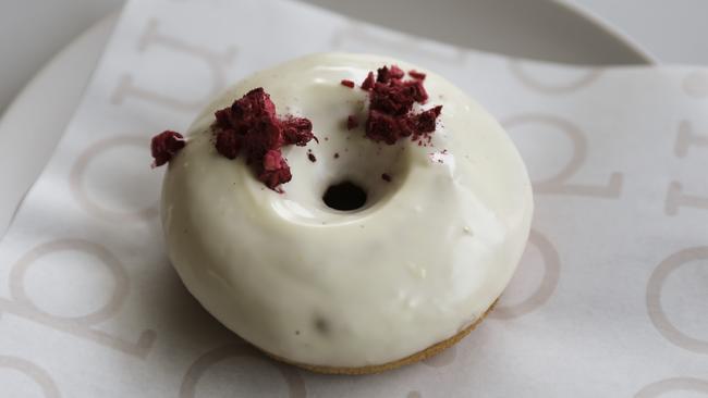 nodo’s white chocolate raspberry doughnut. Picture: Mark Cranitch