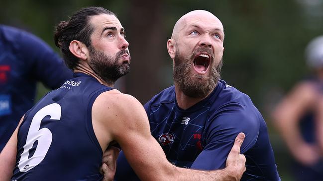 MELBOURNE . 06/02/2023.  AFL.  Melbourne training at Goschs Paddock.  Max Gawn and Brodie Grundy during todays session at Goschs Paddock . Pic: Michael Klein