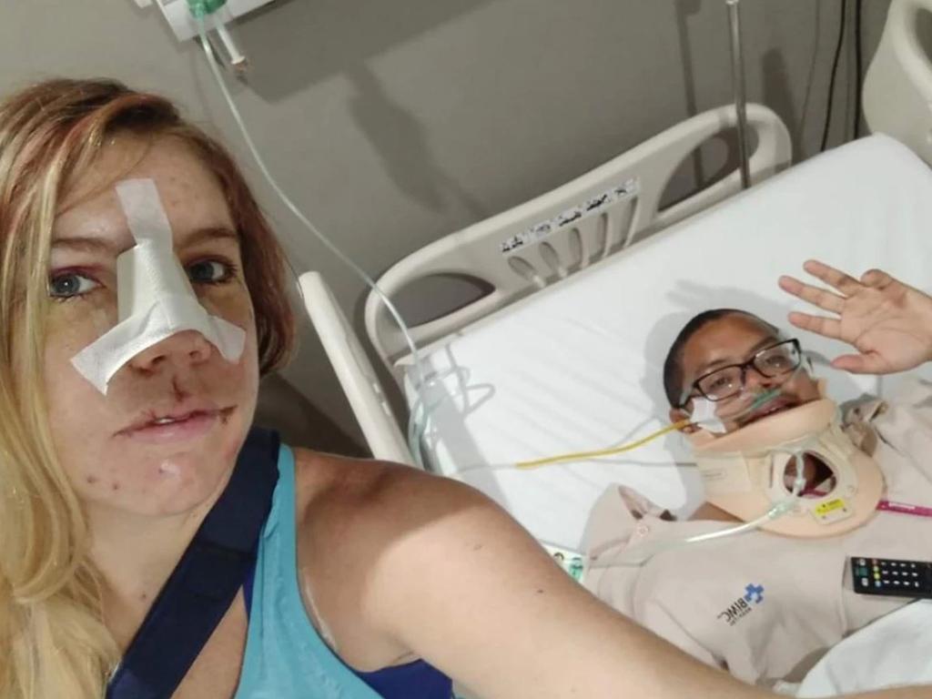 Stacey Eno and Mikey Lythcott recovering in hospital in Bali. Picture: GoFundMe