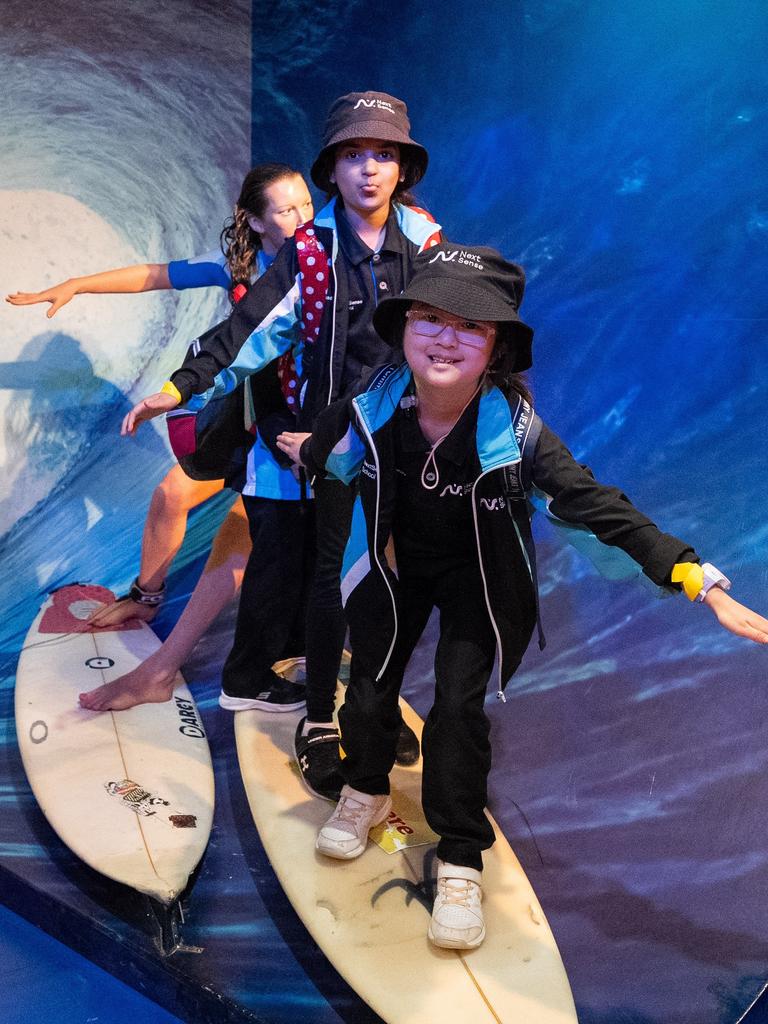 The students loved surfing with Layne Beachley’s wax double. Picture: supplied