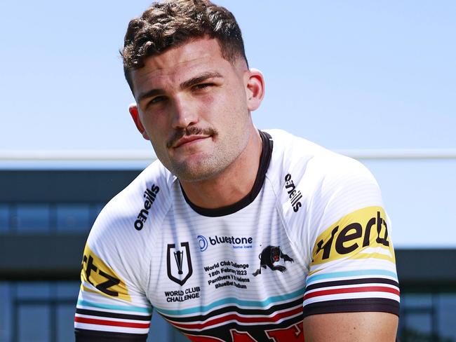 DAILY TELEGRAPH. FEBRUARY 16, 2023.Pictured at the Penrith Panthers Rugby League Academy today is Nathan Cleary in the World Club Challenge jersey, for their match against St Helens this Saturday. Picture: Tim Hunter.