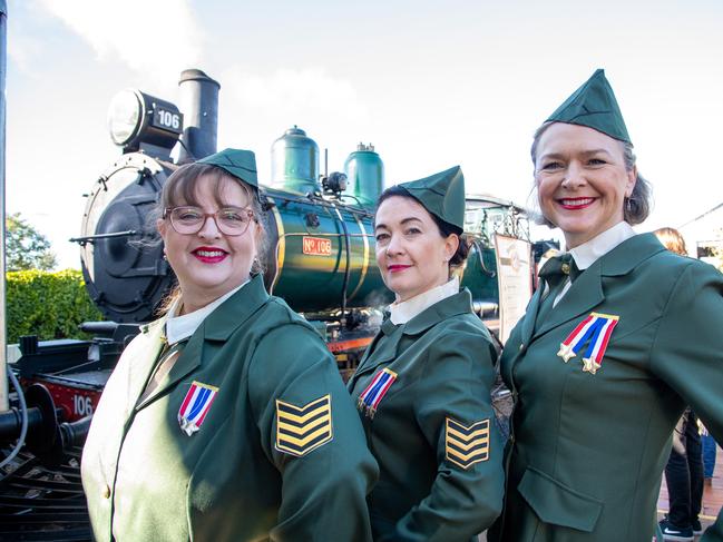 The "Gowrie Girls" from left; Bronwyn Blanck, Ebony Rosier and Sara Hales entertained the passengers on the inaugural trip for the restored "Pride of Toowoomba" steam train from Drayton to Wyreema. Saturday May 18th, 2024 Picture: Bev Lacey