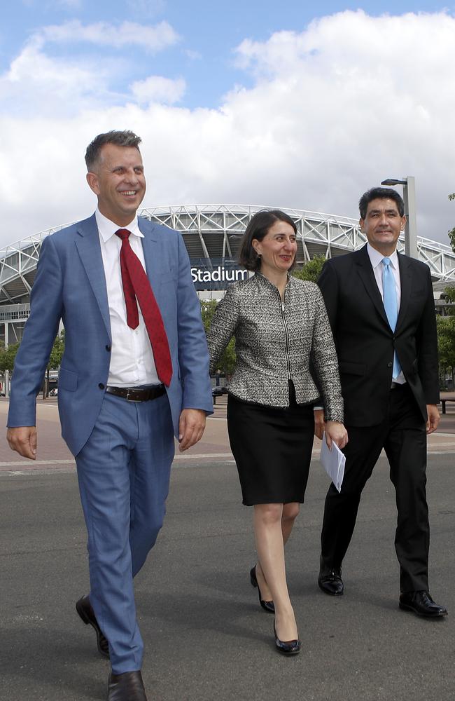 Transport Minister Andrew Constance, Premier Gladys Berejiklian and MP Geoff Lee after a press conference about the Parramatta Light Rail at Sydney Olympic Park. Picture: AAP