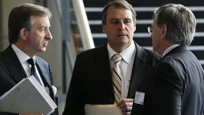 City Pacific investors' meeting at Brisbane Convention and Exhibition Centre in 2009: Trilogy Funds Management managing director Phil Ryan (centre) and Balmain Trilogy chairman Rodger Bacon (right).