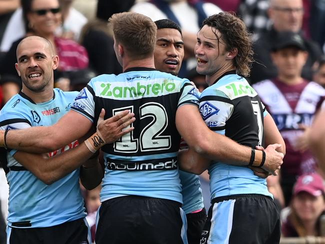 NRL 2024 RD27 Manly-Warringah Sea Eagles v Cronulla-Sutherland Sharks - celebbration. Picture: NRL Photos