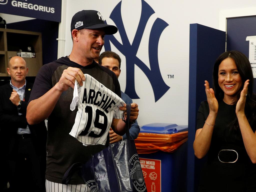 Meghan was delighted that the Yankees had a special shirt made up for her baby, saying ‘Archie 19’. Picture: Peter Nicholls/Pool