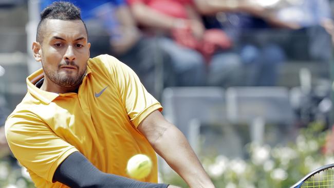 Nick Kyrgios on his way to beating Daniil Medvedev at the Rome Masters on Tuesday. Picture: AP