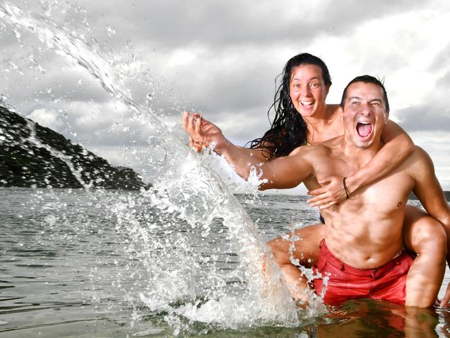 Sophie Chevalier and Fabian Manzanocool down and have some fun in Tallebudgera Creek, Gold Coast.Sunday March 12, 2023. Picture, John Gass