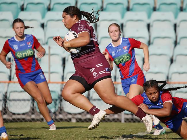 Manly’s Indiana Russell-Lia scored a try in the finals last year. Picture: Warren Gannon Photography