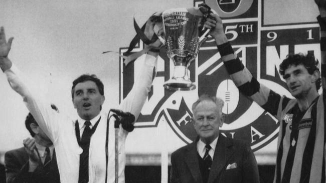 Alan Joyce and Michael Tuck hoist Hawthorn’s premiership trophy at Waverley.