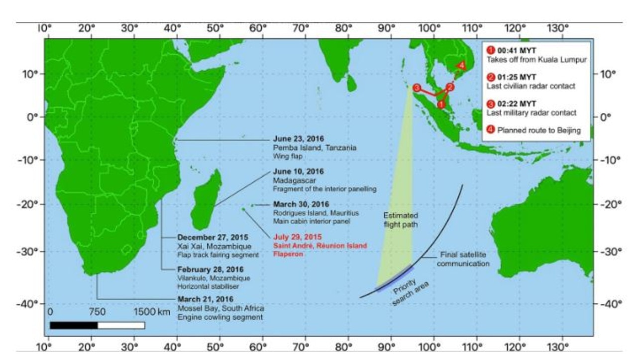 Estimated flight path of flight MH370, search areas, and locations of identified debris.