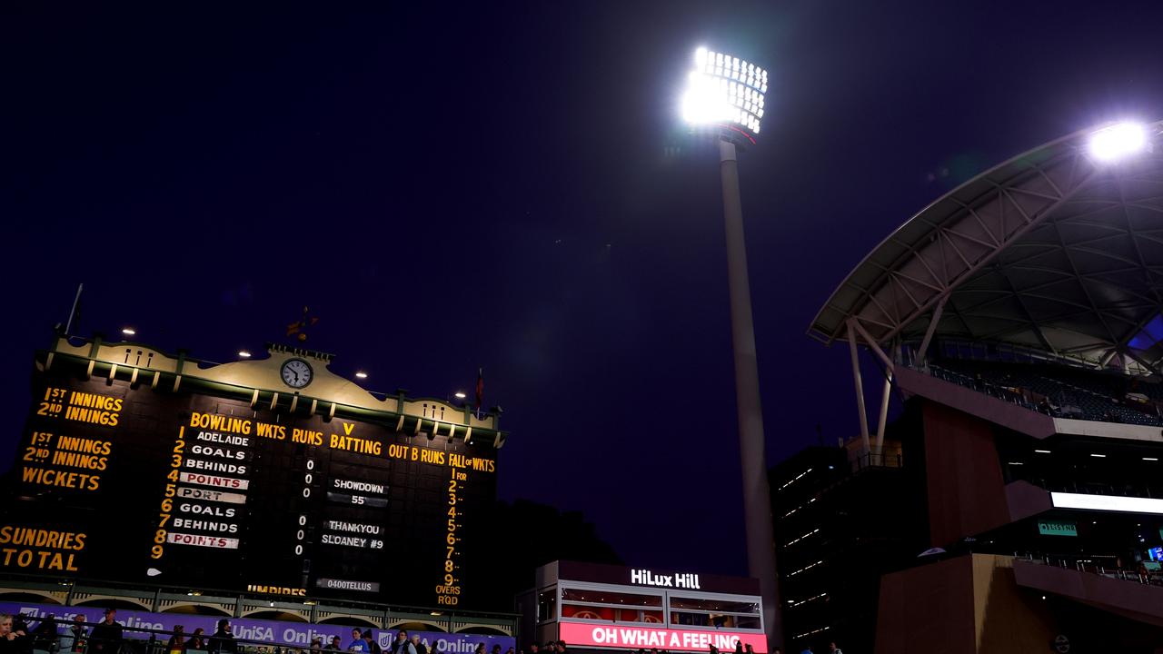 ‘Thank you Sloaney’ is advertised on the iconic Adelaide Oval scoreboard. (Photo by Sarah Reed/AFL Photos via Getty Images)