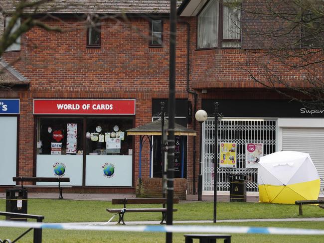 A police cordon at The Maltings shopping centre in Salisbury, southern England. Picture: AFP