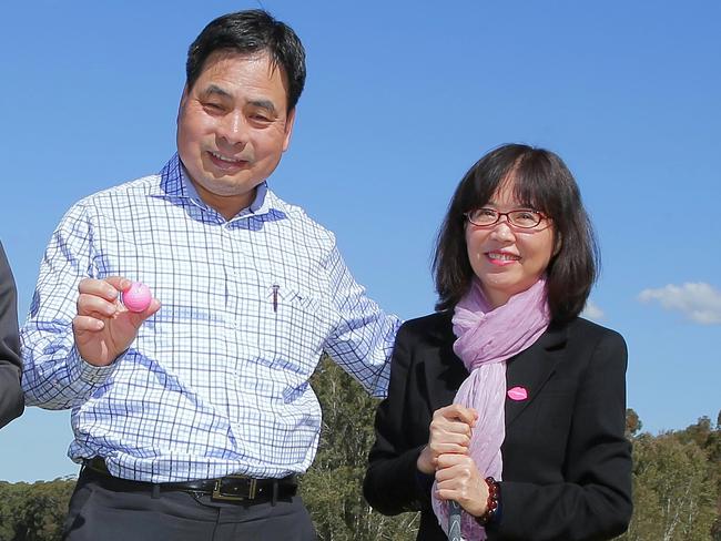 Pink Hope Charity Golf Day at Terrey Hills golf Club. Local business nature's way will be donating to the pink hope charity. L-R: Krystal Barter (Founder of Pink Hope), Larry Chen ( Chairman of Taiwanese Chamber of Commerce), Alex Wu ( Nature's Care MD), Jina Chen ( Co-Founder and MD natures care).