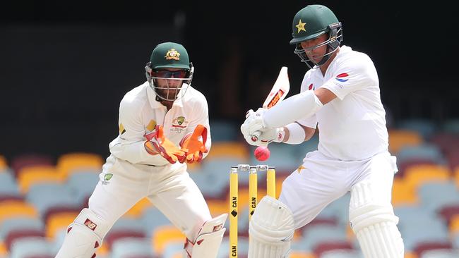 Pakistan’s Yasir Shah in action on day five of the Test against Australia at the Gabba. Picture: Peter Wallis