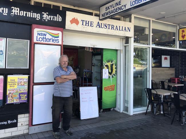 Jim Fleming outside the Skyline Newsagency at Frenchs Forest. It looked after its last customers on Thursday afternoon. Picture: Jim O'Rourke