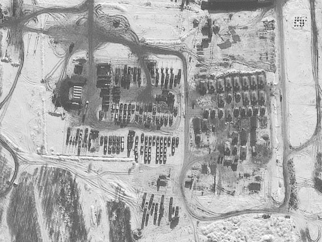 This Maxar satellite image shows battle group deployment and troop tents at Valuyki, Russia, approximately 27km east of the border with Ukraine. Picture: Maxar Technologies / AFP