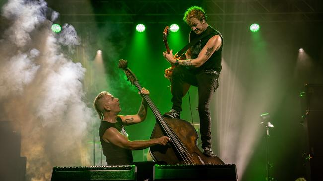 Scott Owen (left) and Chris Cheney of The Living End performing at Bluesfest 2022. Picture: Kurt Petersen