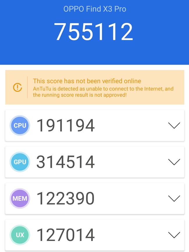 AnTuTu test results for Oppo Find X3 Pro 5G