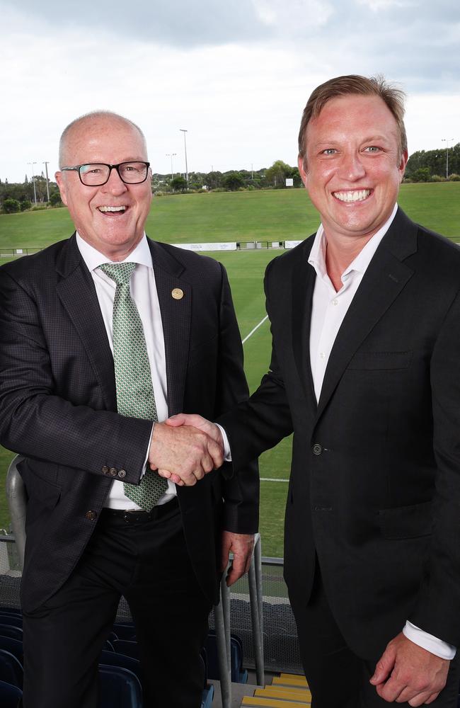 Mayor Mark Jamieson (left) and DP Steven Miles at the Sunshine Coast Stadium. Pic Annette Dew