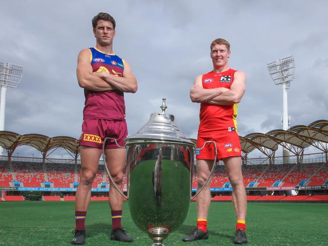 Matt Rowell and Jarrod Berry with the QClash cup last year. Picture: Glenn Campbell