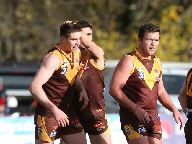 Drysdale celebrate a James Breust goal. BFL: Drysdale v Queenscliff. Picture: Alan Barber