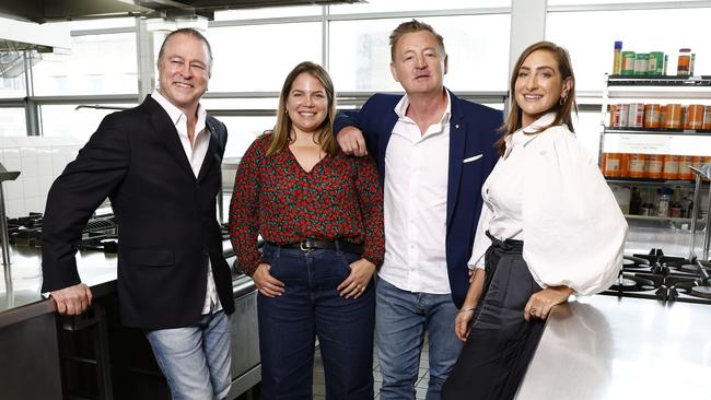 Chefs Neil Perry, Danielle Alvarez, Luke Mangan and Merivale venue manager Kate Tomasella in TAFE Ultimo’s Apprentice Kitchen. Picture: Richard Dobson