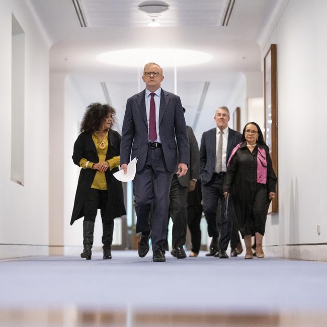 Anthony Albanese, centre, Linda Burney, right and Mark Dreyfus, at Parliament house in Canberra on Thursday. Picture: Martin Ollman