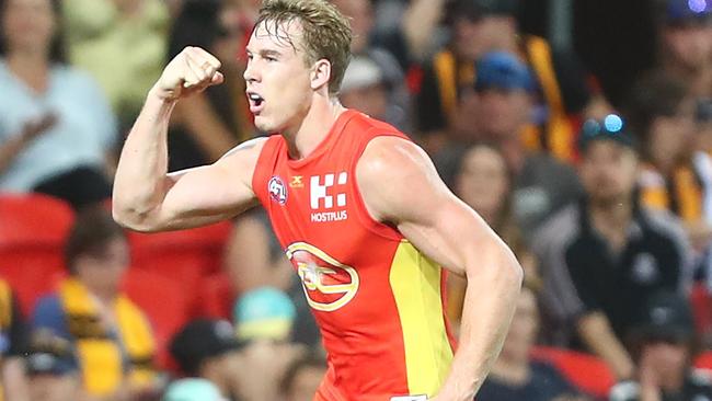 Tom Lynch celebrates a goal against Hawthorn.