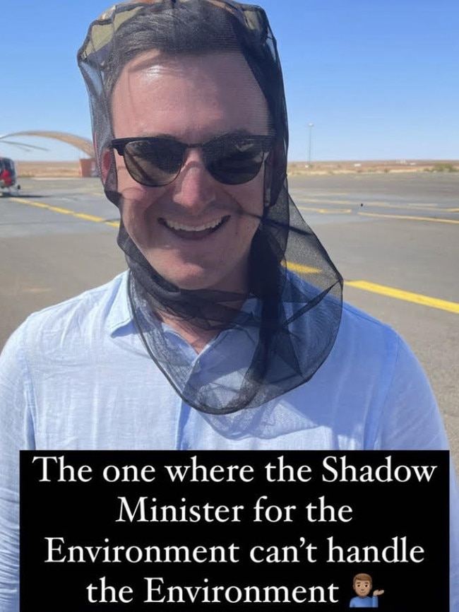 LNP MP John-Paul Langbroek takes the mickey out of his shadow cabinet colleague Sam O'Connor, who battled flies on a Channel Country research trip in western Queensland. Picture: Instagram