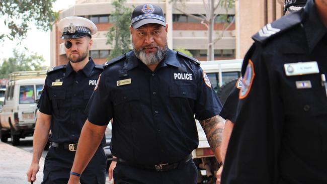 Constable Felix Alefaio arrives at the Alice Springs Local Court to give evidence in an inquest into the death of Kumanjayi Walker. Picture: Jason Walls