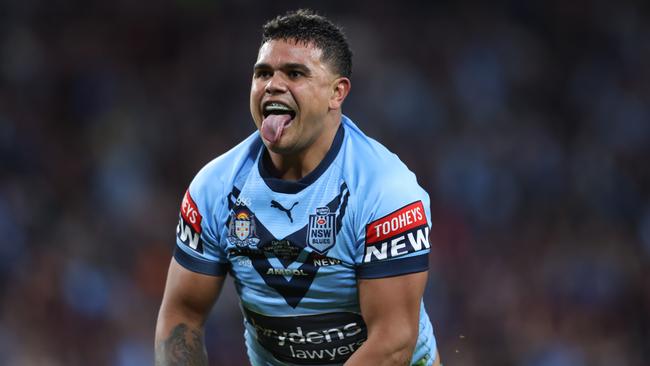 Latrell Mitchell scores. Queensland vs New South Wales for game 2 of the State of Origin Series at Suncorp Stadium. Pic Peter Wallis