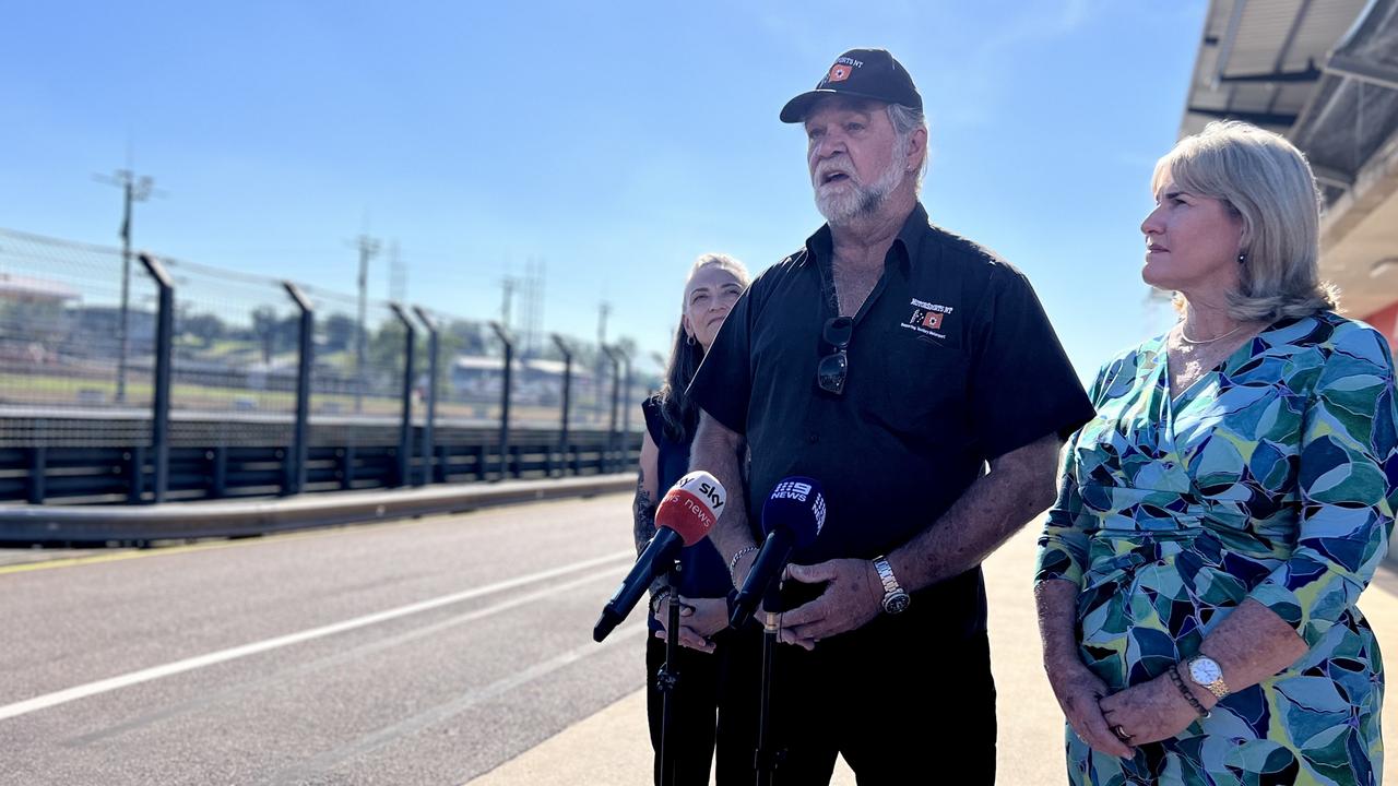 Sport Minister Kate Worden, Motorsports NT president Gary Pendlebury, and Chief Minister Eva Lawler at the Hidden Valley Motorsports Complex. Picture: Fia Walsh
