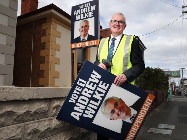 Independent member for Clark Andrew Wilkie was out putting up his election campaign posters in Hobart a few weeks ago. Picture: Nikki Davis-Jones