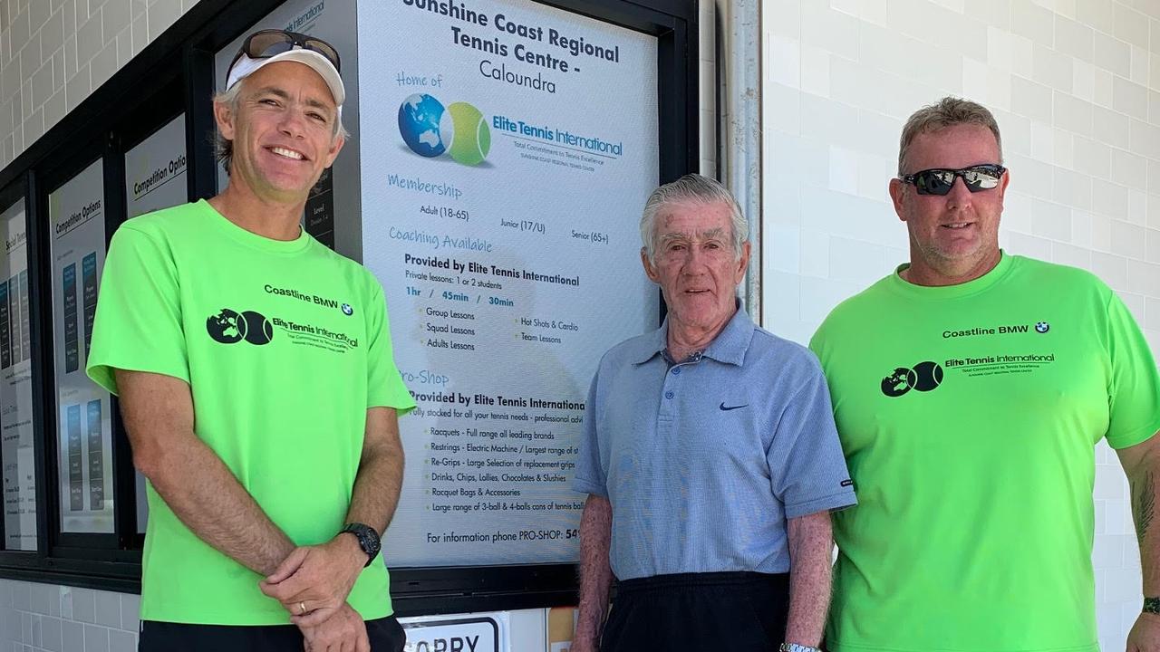 Elite Tennis International director and co-owner Michael Poulos, left, tennis legend Ken Rosewall, middle, and Elite Tennis International director Matt Deverson, right. Picture: supplied.