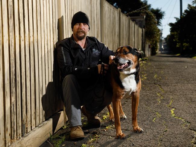 Homeless man Craig with his dog Hamburger in Hobart. Picture: Peter Mathew