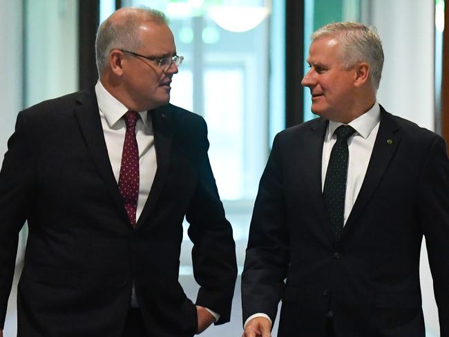 Deputy Prime Minister Michael McCormack and Prime Minister Scott Morrison arrive to announce the new ministerial reshuffle at a press conference at Parliament House in Canberra, Thursday, February 6, 2020. (AAP Image/Mick Tsikas) NO ARCHIVING