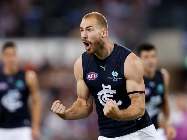 BRISBANE, AUSTRALIA - MARCH 08: Harry McKay of the Blues celebrates a goal during the 2024 AFL Opening Round match between the Brisbane Lions and the Carlton Blues at The Gabba on March 08, 2024 in Brisbane, Australia. (Photo by Dylan Burns/AFL Photos via Getty Images)