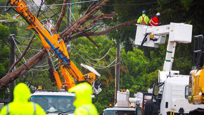 Energex crews clear a fallen tree following the passage of tropical cyclone Alfred in Brisbane on March 8, 2025. (Photo by Patrick HAMILTON / AFP)