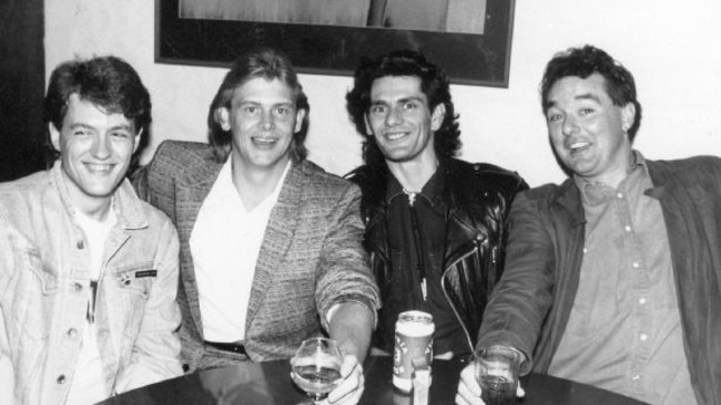 Brad March, John Farnham, Geoff Holland (Triple M Music Director) and Charlie Fox (Triple M Program Director) celebrate the release of Whispering Jack.