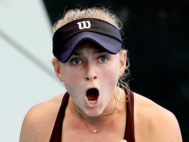 ADELAIDE, AUSTRALIA - JANUARY 09: Taylah Preston of Australia reacts during their match against Caroline Garcia of Francein the 2024 Adelaide International at Memorial Drive on January 09, 2024 in Adelaide, Australia. (Photo by Sarah Reed/Getty Images)