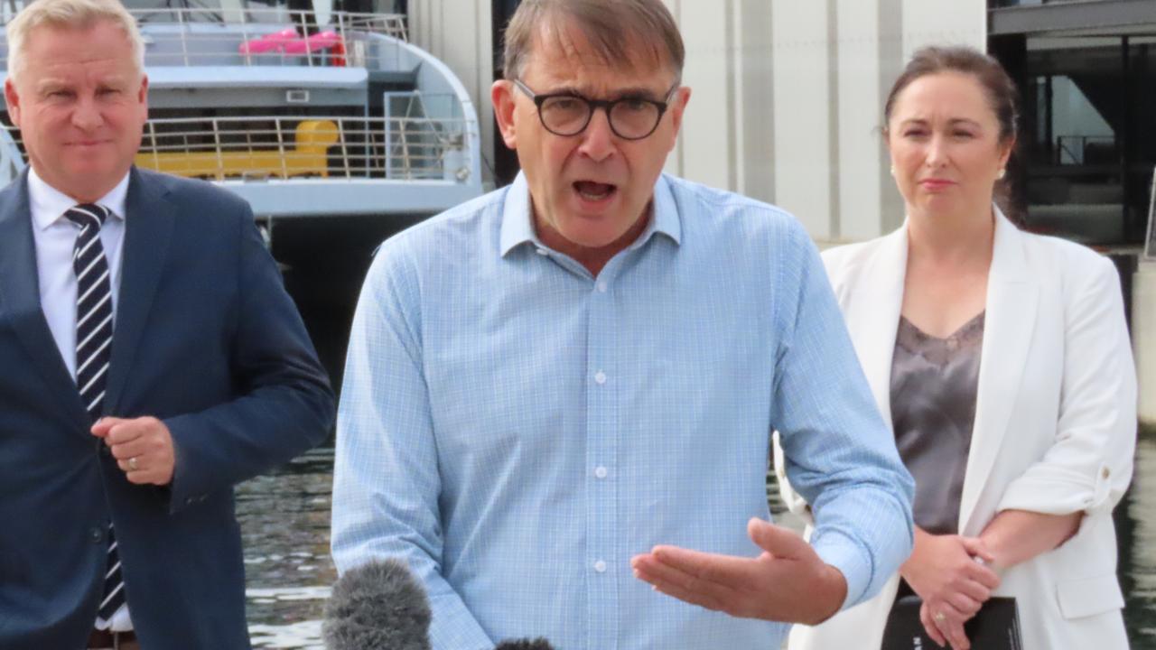 Premier Jeremy Rockliff, TCCI Chair Wayne Davy and TICT CEO Amy Hills speak to the media on the waterfront in Hobart on Monday, March 3, 2025.
