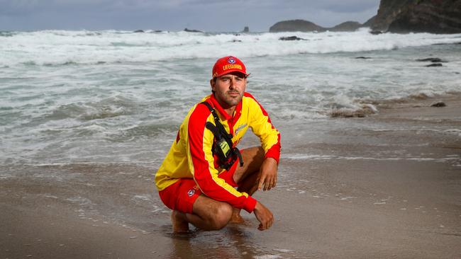 Chris Perrott, 24, jumped into the treacherous water at Bushrangers Bay near Cape Schanck when three women and a 13-year-old girl were swept off rocks. Picture: Alex Coppel